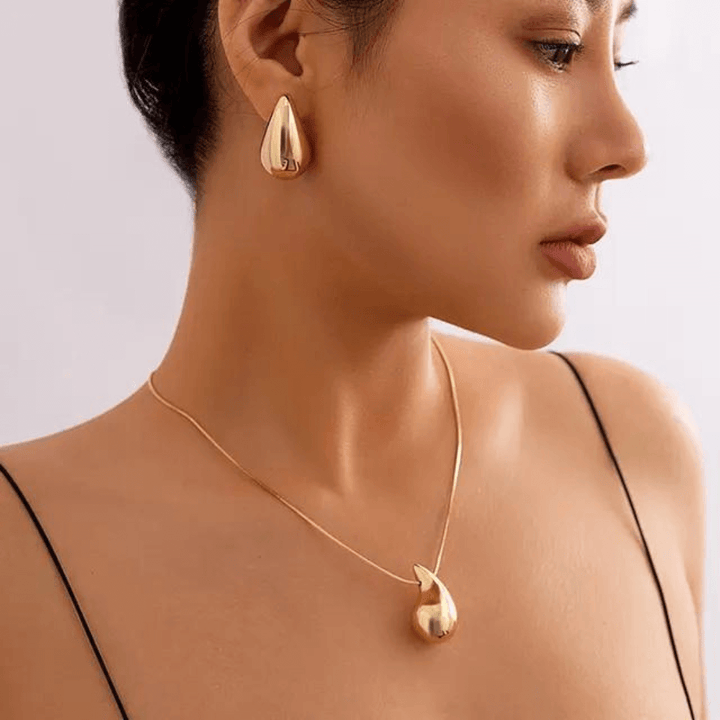 18K Gold Plated Drop Necklace and Earrings Set, 3 pcs