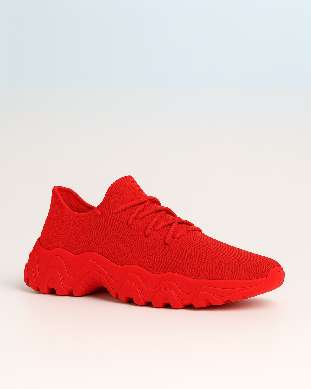 Angled view of all-red OrthoEase Luxe Crimson shoes