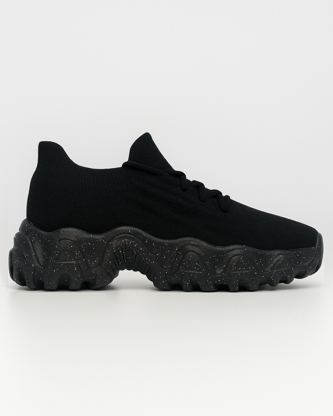 Side view of the left black OrthoEase Luxe orthopedic sneaker with speckled sole and breathable knit texture.